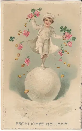 AK Fröhliches Neujahr! Junge auf einem Schneeball, ca. 1913, Postkarte, v