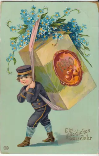 AK Ein glückliches neues Jahr 1910. Lieferjunge mit Paket und Blumen, 1910