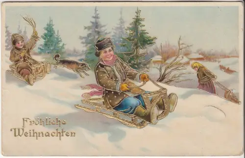AK Fröhliche Weihnachten. Kinder auf Schlitten, ca. 1913, Postkarte, gelaufen