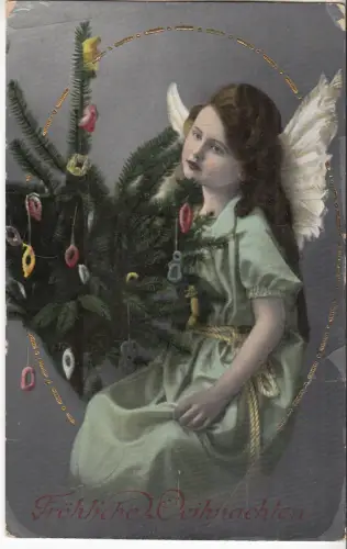 AK Fröhliche Weihnachten. Engel mit Tannenbaum, ca. 1912, Postkarte, gelaufen