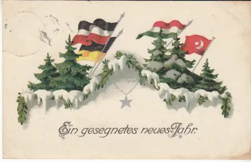 AK Litho. Ein gesegnetes neues Jahr. Tannen mit Flaggen, Erster Weltkrieg, 1915