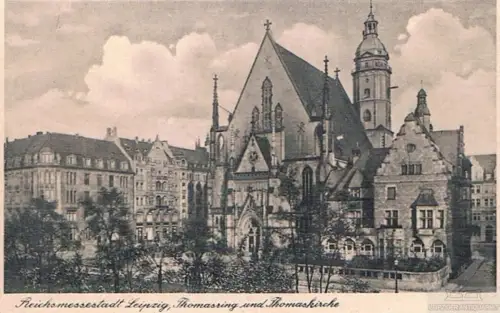 AK Reichsmessestadt Leipzig. Thomasring und Thomaskirche, Postkarte