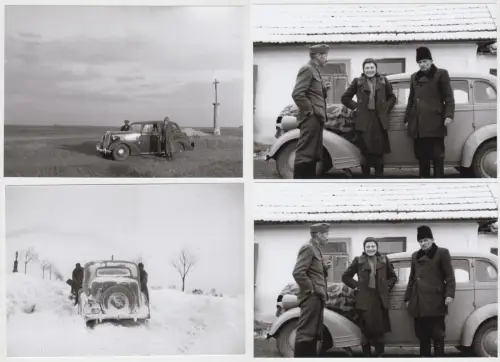 4 Fotografien Opel Kadett im Winter mit Schnee, Mann in Uniform. Repros!