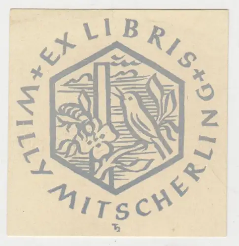 Original Grafik Exlibris: Willy Mitscherling. Vogel, Biene, Blume.