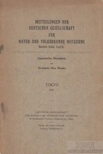 Buch: Japanische Bausitten - Tokyo 1931, Hinder, Max. 1931, Verlag Asia Major