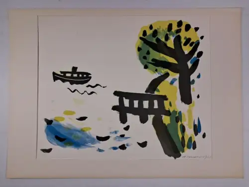 Kunstdruck im Passepartout: Baum, Steg & Boot, Arno Mohr, 1966, Reproduktion