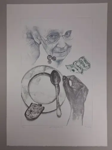 Siebdruck: Zu Geld - Das frugale Mahl, Reiner Schwarz, 1990, signiert, Original