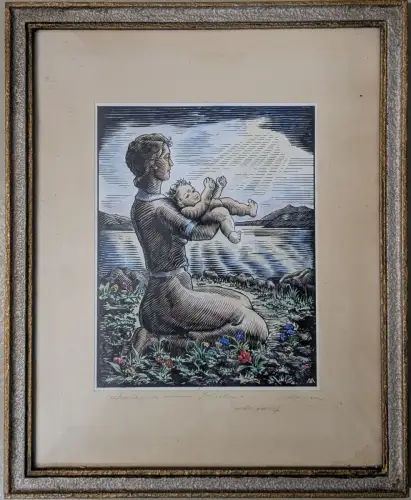 Gerahmter farbiger Holzschnitt: Entwurf zu einem Holzschnitt - Morgen.