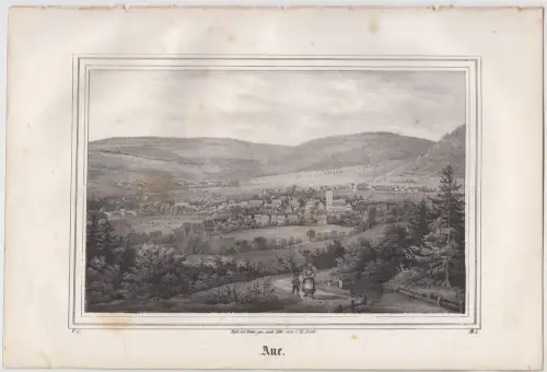 Lithografie: Aue, Grafik, Ansicht, um 1836, Saxonia, Eduard Pitzsch, Sachsen