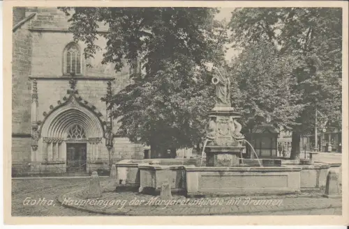 AK Gotha, Haupteingang der Margarethenkirche mit Brunnen, J. F. Thomas Wwe.