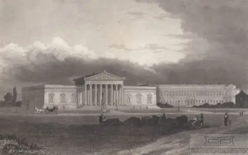 Glyptothek und Pinacothek in München. aus Meyers Universum, Stahlstich. 1850