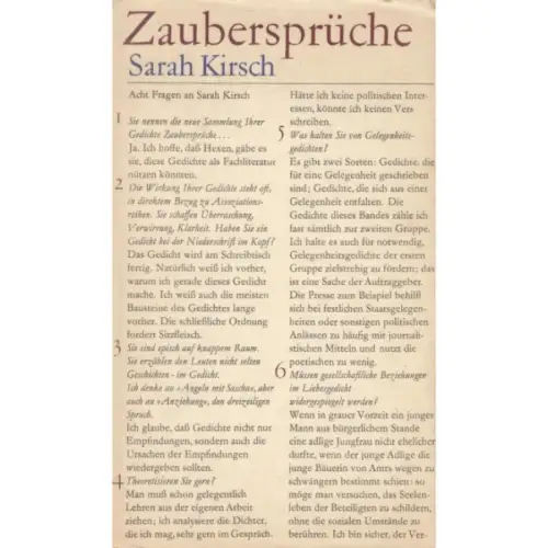 Buch: Zaubersprüche, Kirsch, Sarah. 1973, Aufbau-Verlag, gebraucht, gut