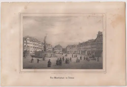 Lithografie: Der Marktplatz in Zittau, Ansicht, Eduard Pietzsch, 1836, Saxonia