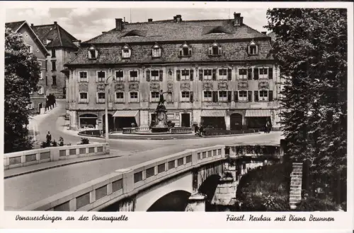AK Donaueschingen an der Donauquelle. Fürstl. Neubau mit Diana Brunnen, Foto