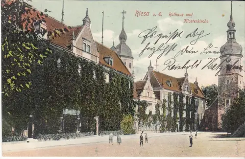 AK Riesa. Rathaus und Klosterkirche, Litho, ca. 1907, Max Scholz, Postkarte