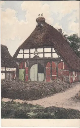 AK Niedersachsen. Scheune mit Störchen, um 1900, Welt-Sport, Paul Feldheim