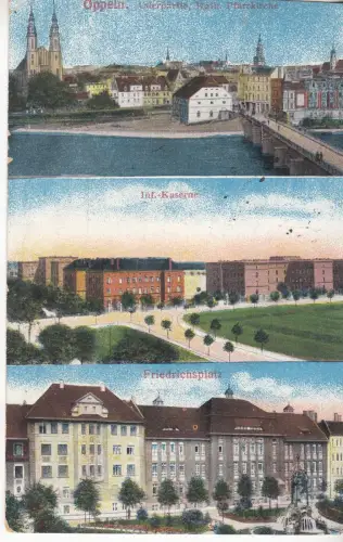 AK Oppeln. Oberpartie, Kath. Pfarrkirche, Inf.-Kaserne, Friedrichsplatz, 1916