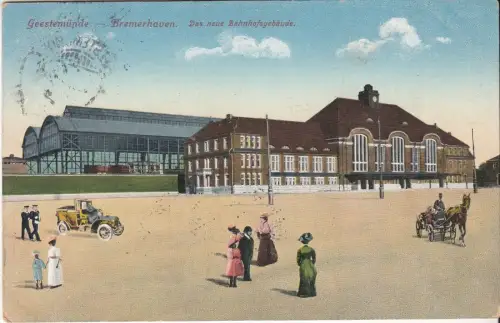 AK Geestemünde - Bremerhaven. Das neue Bahnhofsgebäude. Lithographie, ca. 1916
