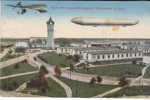AK Gruß vom Truppenübungsplatz Neuhammer am Queis. Zeppelin. Lithographie, 1916