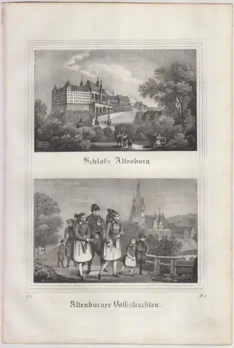 Schloss Altenburg & Altenburger Volkstrachten, 1835, Saxonia, Kreide-Lithografie
