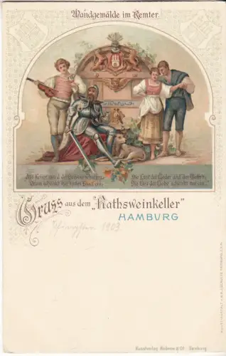 AK Gruss aus dem Kathsweinkeller, Hamburg. Wandgemälde im Kemter, ca. 1903