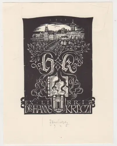 Original Grafik Exlibris für Dr. Hanns Kreczi von Toni Hofer, 1945, signiert