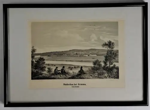 Lithografie: Nimbschen bei Grimma, von Osten, Weibezahl, Werl, um 1840, Fritzsch