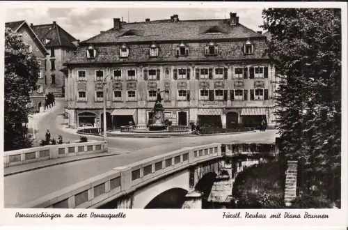 AK Donaueschingen an der Donauquelle. Fürstl. Neubau mit Diana Brunnen, Foto