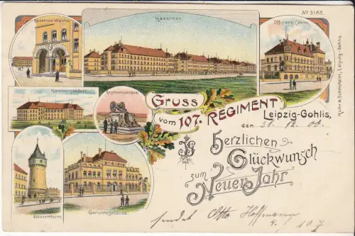 AK Gruss vom 107. Regiment Leipzig-Gohlis. Lithographie, ca. 1900, Postkarte