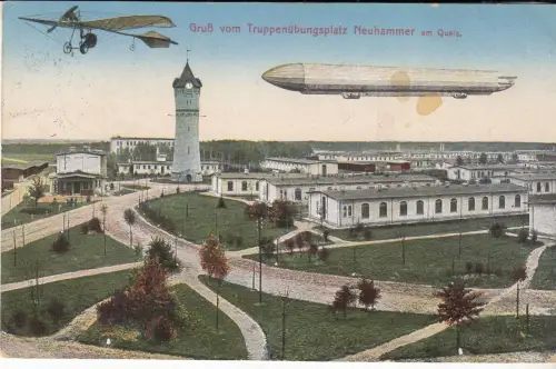 AK Gruß vom Truppenübungsplatz Neuhammer am Queis. Zeppelin. Lithographie, 1916