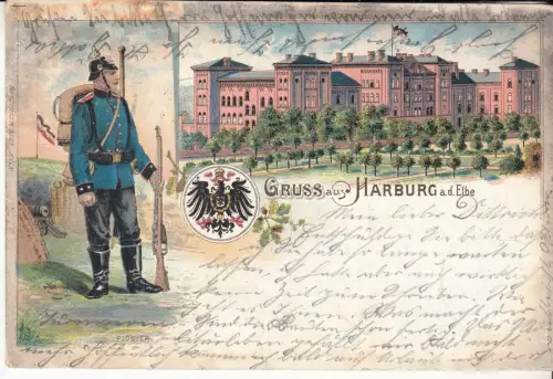 AK Gruss aus Harburg a. d. Elbe. Lithographie. Kaserne, Pionier, ca. 1903, gut