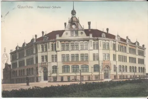 AK Glauchau. Pestalozzi-Schule, ca. 1908, Wilhelm Hoffmann, Postkarte, gelaufen