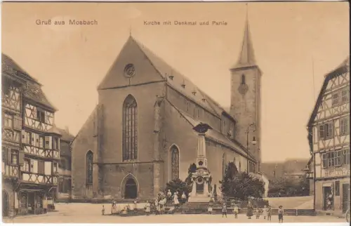 AK Gruß aus Mosbach. Kirche mit Denkmal und Partie, ca. 1920, Postkarte