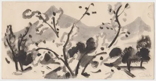 Tuschezeichnung: ohne Titel. Landschaft. 1972. Original Grafik. Signiert