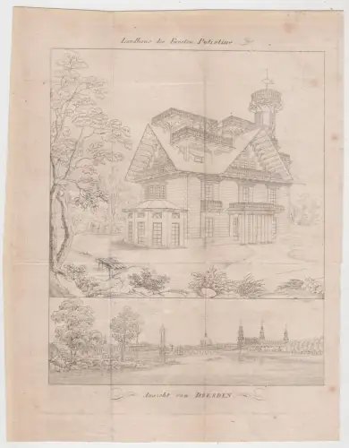 Radierung: Landhaus des Fürsten Putiatine / Ansicht von Dresden. Original Grafik