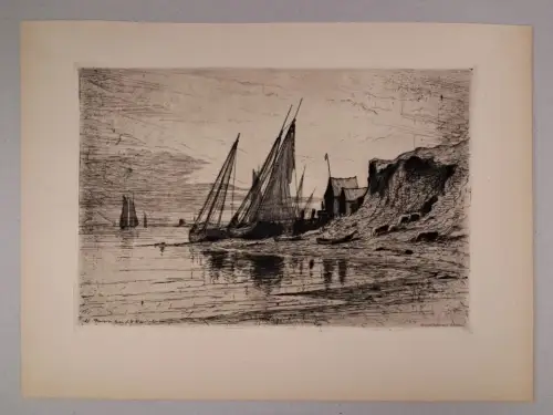 Radierung: ohne Titel. Schiffe, Boote, Küste. Henry Farrer, 1880, Original