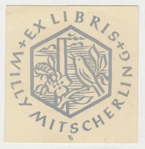 Original Grafik Exlibris: Willy Mitscherling. Vogel, Biene, Blume.