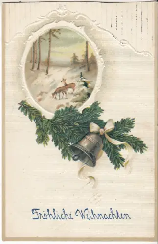 AK Fröhliche Weihnachten. Rehe, Glocke mit Tannenzweig, ca. 1911, Postkarte