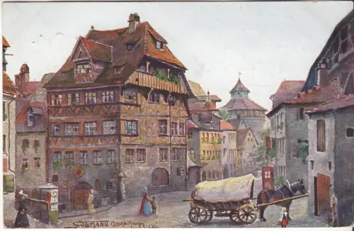 AK Nürnberg, Albrecht Dürerhaus. Künstlerkarte, ca. 1928, Postkarte, gelaufen