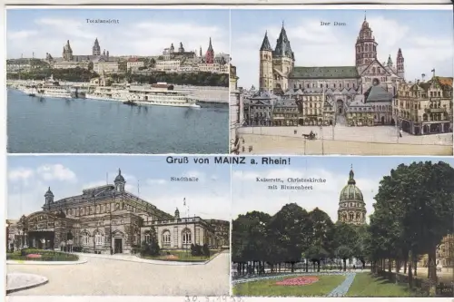 AK Gruß von Mainz a. Rhein - Totalansicht, Der Dom, Stadthalle, Kaiserstr., 1930