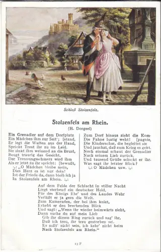 AK Schloß Stolzenfels - Grenadier auf dem Dorfplatz mit Mädchen, Liedkarte, 1930