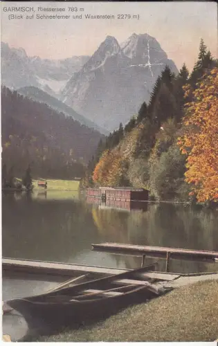AK Garmisch Riessersee. Blick auf Schneeferner und Waxenstein, ca. 1921, Huber