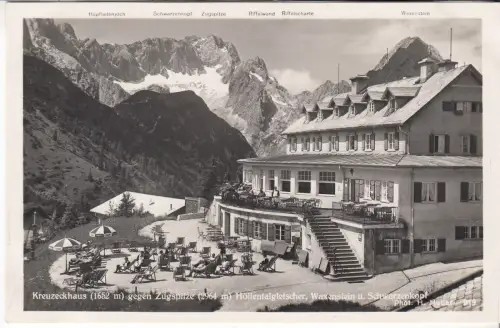 AK Kreuzeckhaus gegen Zugspitze, Hölltentalgletscher, Waxenstein, Schwarzenkopf