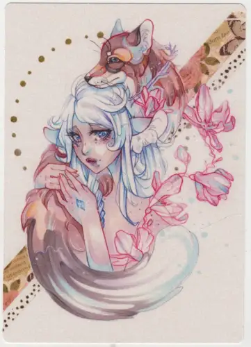 Postkarte: Manga Art Weißer Lotus Mädchen mit Fuchs, Withy, Vanessa Mertens