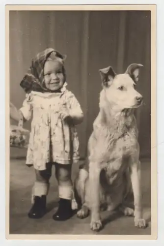 AK Portrait kleines Mädchen mit Hund, 20. Jahrhundert, Postkarte, ungelaufen