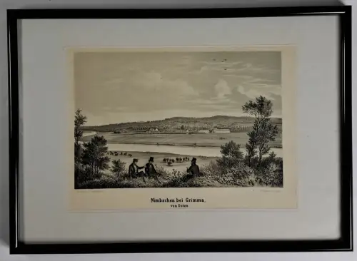 Lithografie: Nimbschen bei Grimma, von Osten, Weibezahl, Werl, um 1840, Fritzsch