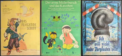 3 Plakate Kino: Das fliegende Schiff, Müllerbursch und das Kätzchen, Torpfosten