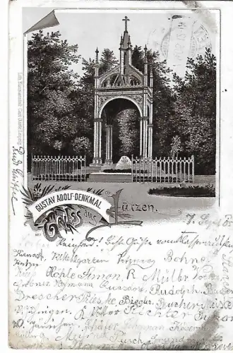 AK Gruss aus Lützen. Gustav Adolf Denkmal. Lithografie. ca. 1905, gebraucht, gut
