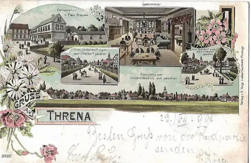 AK Threna. Restauration v. Paul Krause. Gastzimmer. Lithografie. ca. 1899, gut