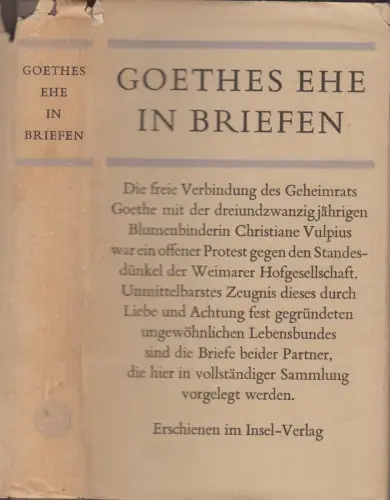Buch: Goethes Ehe in Briefen, Gräf, Hans Gerhard. 1966, Insel Verlag